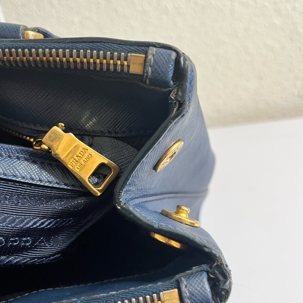 Prada Navy Saffiano Leather Double-Handle Satchel with Gold Hardware - Picture 3 of 16